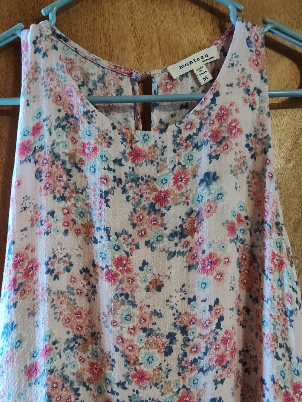 Monteau Los Angeles Layered Sleeveless Blouse Blush Pink Aqua Ditsy Floral Med - Picture 2 of 11